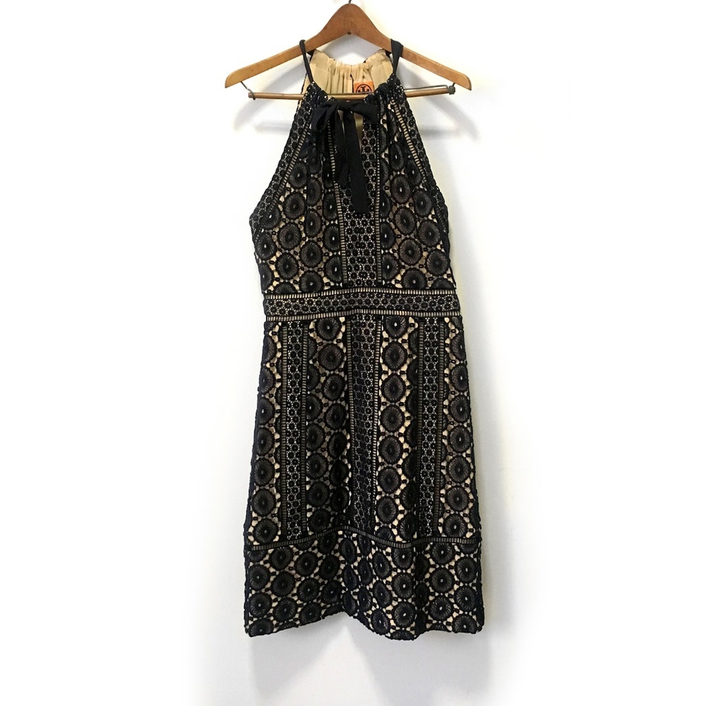 TORY BURCH Navy Lace Sleeveless Ribbon Tie Dress